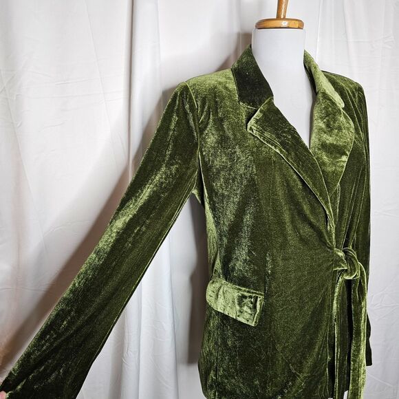 Nasty Gal Olive Green Velvet Blazer Jacket Side Tie Whimsigoth Y2K Festive Sz 2 - Picture 3 of 15